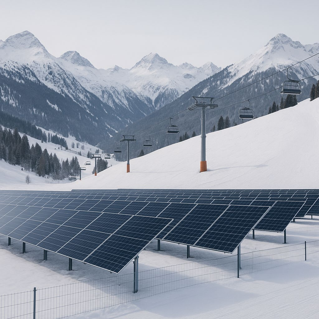 Alpine PV Installation in verschneiter Berglandschaft